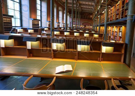 Stockholm, Sweden - Jun 14, 2018: Book On Table Inside The National Library Of Sweden With Historica