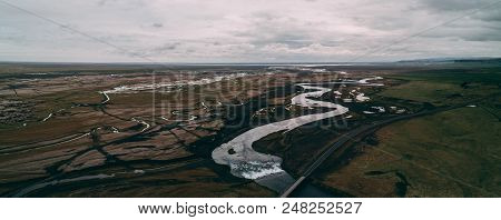 Aerial View Of Black Sand Beach With Fog In Iceland, Drone