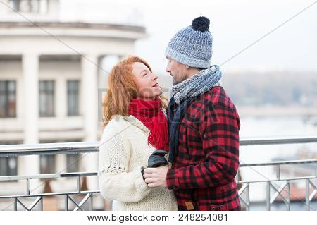 Couple Look Into Eyes Each Other. Happy Couple Looking Eyes To Eyes. Smiling Woman Looks To Happy Me