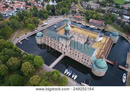Vadstena, Sweden - July 5, 2018: Aerial View Of The Medieval Vadstena Castle.