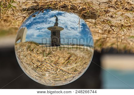 Andrea Sotor Mermaid Statue Standing At Ventura Harbor Entrance As Seen Through Fish Eye Globe With 