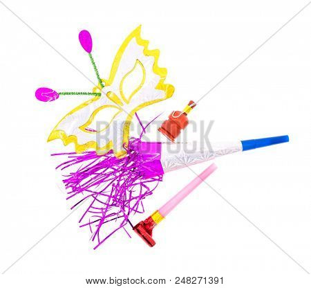 Carnival mask with colorful streamers and party horns on white background