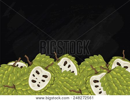 Cherimoya On Chalkboard Background. Cherimoya Composition, Plants And Leaves. Organic Food. Summer F