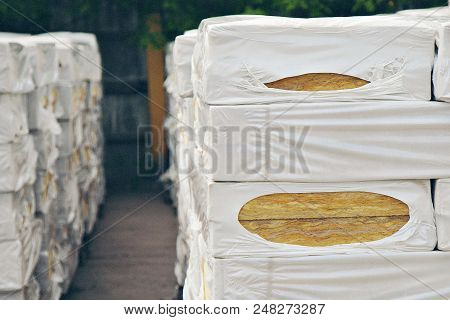 The Texture Of Mineral Wool For Insulating The Walls. Warehouse Of Products Ready For Import
