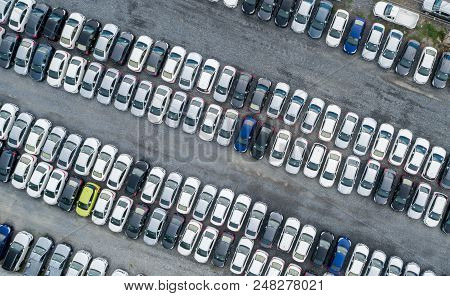 Aerial Top View Of New Cars Lined Up At Industrial Factory Port, Logistics Import - Export And Trans
