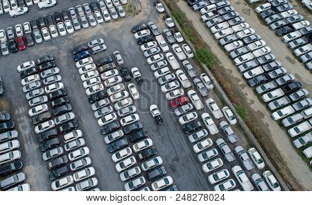 Aerial Top View Of New Cars Lined Up At Industrial Factory Port, Logistics Import - Export And Trans