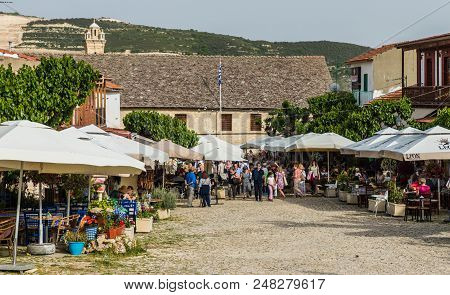 Omodos, Cyprus. May 2018. A View Of The Town Square In The Traditional Village Omodos In Cyprus.