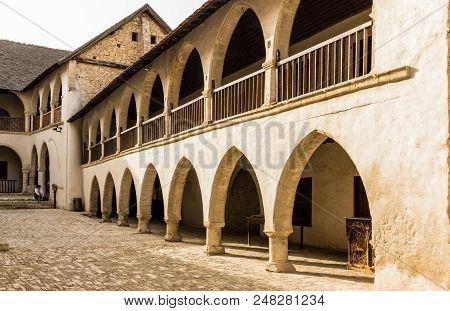 Omodos, Cyprus. May 2018. A View Inside The Timios Stavros Monastery In The Traditional Village Omod