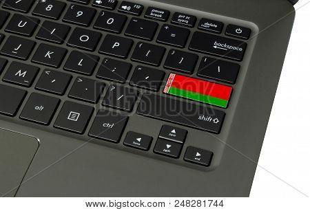 Flag Of Belarus On Laptop Keyboard, Close-up.