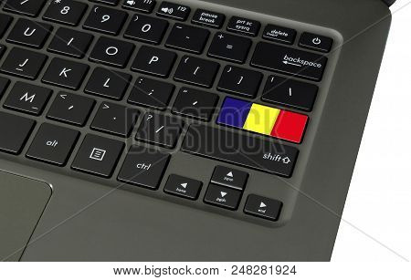 Flag Of Portugal On Laptop Keyboard, Close-up.