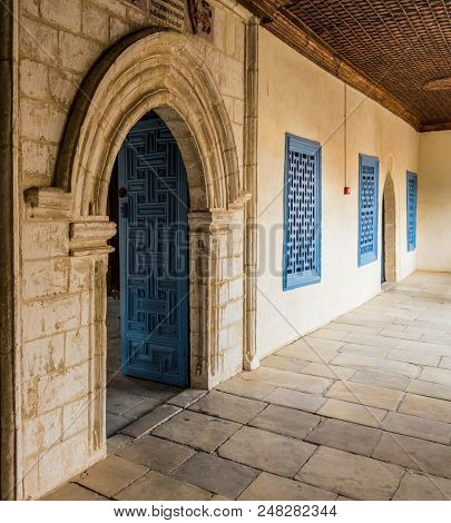 Omodos, Cyprus. May 2018. A View Inside The Timios Stavros Monastery In The Traditional Village Omod