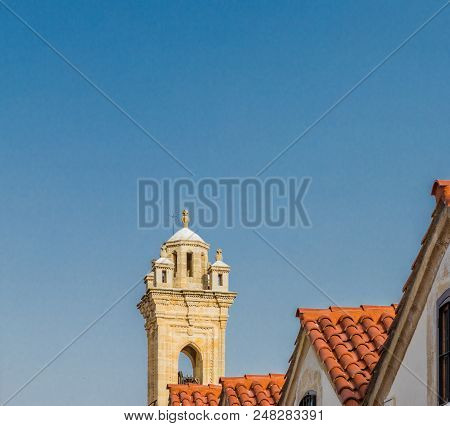 Omodos, Cyprus. May 2018. A View Of The Timios Stavros Monastery In The Traditional Village Omodos I