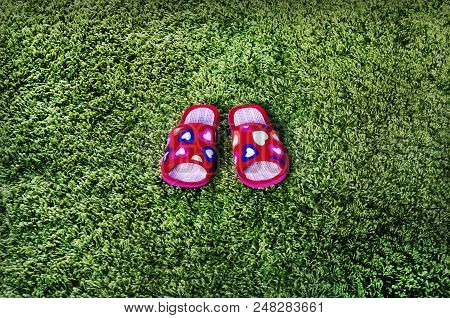 Pink Slippers With Red Hearts On The Shag Green Carpet In The Room In The House. The Comfort Of Home