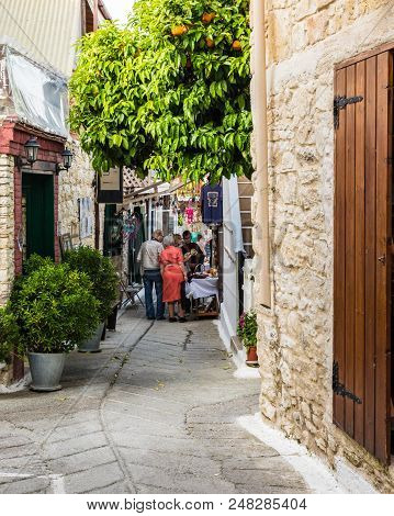 Omodos, Cyprus. May 2018. A Typical View Of A Typical Street In The Traditional Village Omodos In Cy