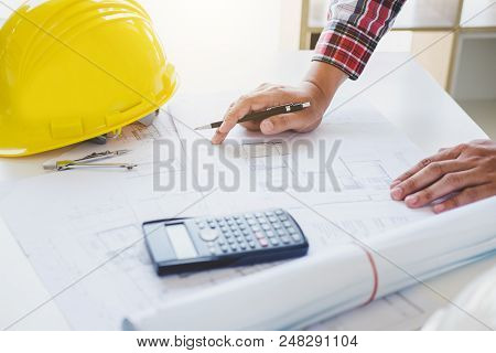 Workplace Items Tools For Project, Architect Or Engineer Working On Blueprint For Architectural Proj
