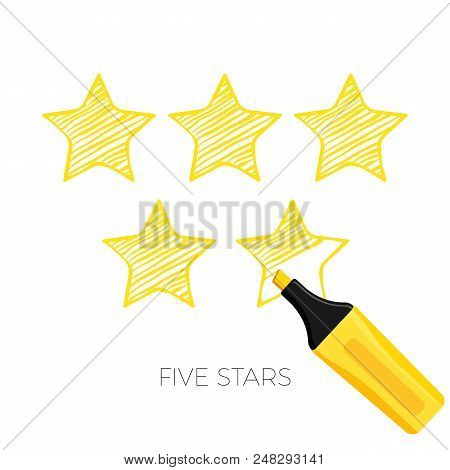 Five Stars Rating Poster Sketch Style. Ranking Of Best Items Golden Star From Clients And Customers.
