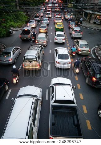 Bangkok, Thailand - May 31: Commuters Get Stuck In A Traffic Jam In Samsen Road In Bangkok On May 31