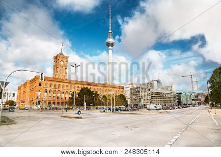 Spandauer street with Rotes Rathaus and Berlinen Fernsehturn TV tower in Berlin, Germany.