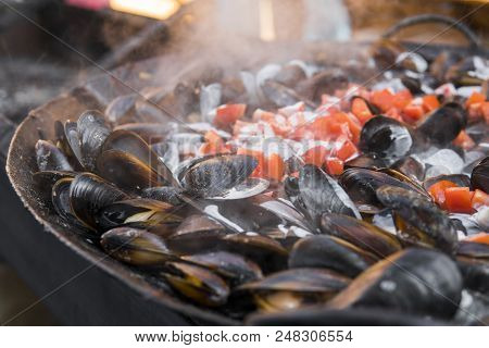 Fresh Mussels At Grill Pan. Seafood Barbecue Outdoors. Picnic Healthy Food, Mussels In Shells. Plent