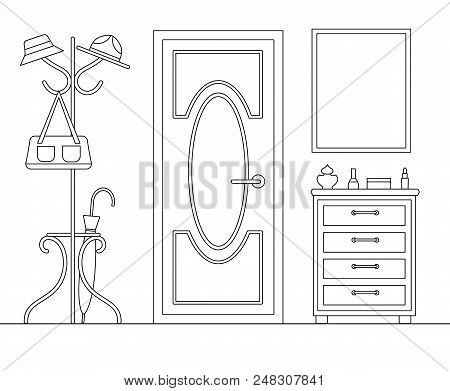 Interior Design Of The Hallway In Linear Style. Vector Outline Anteroom. Scan Of Entrance Area.