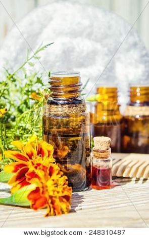 Nettle Tincture In A Small Bottle And Fresh Leaves On White Wood, Medicinal Herb For Overweight, Dia