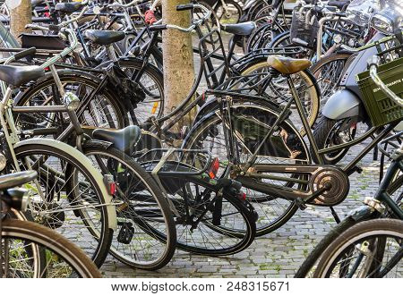 Amsterdam, The Netherlands - June 20, 2018: Many Bikes Parked At  The Zuidas In Amsterdam Zuid, Neth