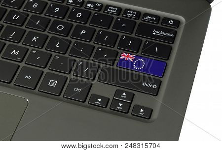 Flag Of Cook Islands On Laptop Keyboard, Close-up.