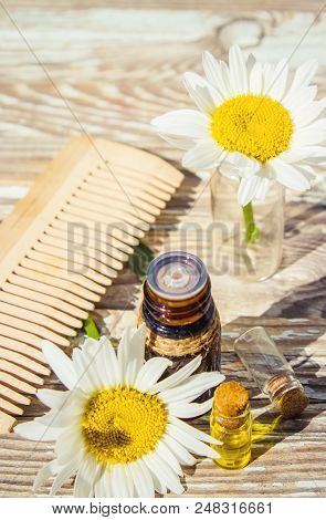 Chamomile Essential Oil. Selective Focus. Butle Little.