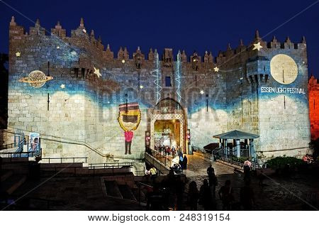 Jerusalem, Israel - June 04, 2018: Jerusalem Festival Of Lights. Light Installation On Shechem (dama
