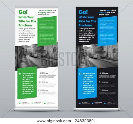 Vector Black And White Roll-up Banner With Place For Photo And Blocks For Text And Information