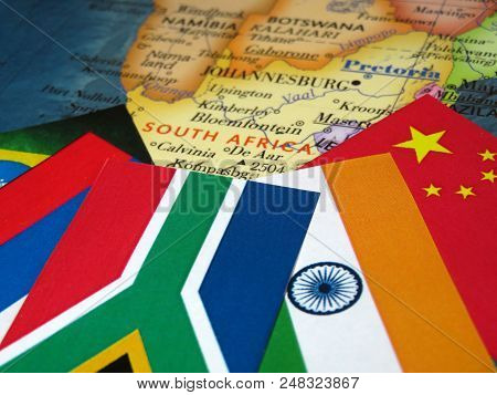 Summit Brics In Johannesburg. Flags Of The South Africa, Brazil, Russia, India And China On The Rsa 