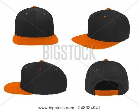 Blank Baseball Snap Back Cap Two Tone Color Black/orange On White Background