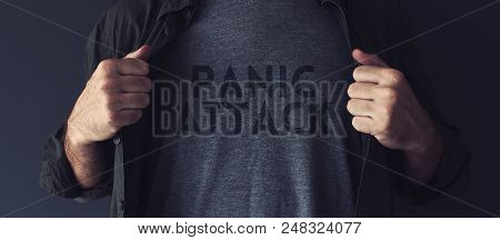Panic Attack Concept, Guy Stretching Shirt To Reveal The Title Imprint On His Chest