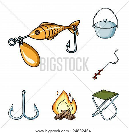 Fishing And Rest Cartoon Icons In Set Collection For Design. Tackle For Fishing Vector Symbol Stock 