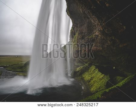 Seljalandsfoss Waterfall In Iceland Passage Under The Waterfall Long Time Exposure Grenn