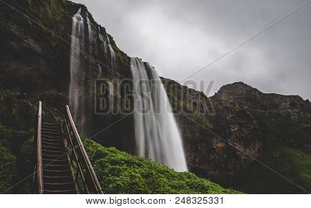 Seljalandsfoss Waterfall In Iceland Passage Under The Waterfall Long Time Exposure Grenn
