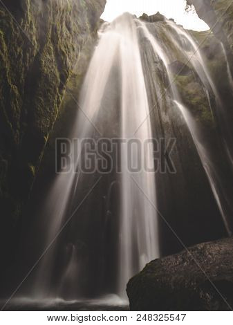 Gljufrabui Secret Waterfall In Iceland Smooth Long Time Exposure Mossy Rocks