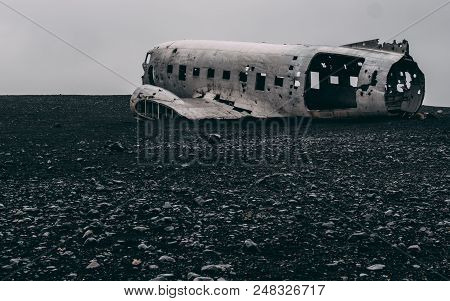 Plane Wreck In Iceland At A Foggy Day With No People