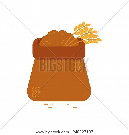 Opened Canvas Sack Full Of Grain - Symbol Of Textile Bag Filled With Bulk Materials And Wheat Ears. 