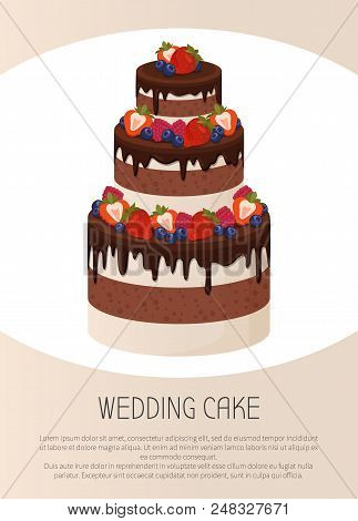 Three-tier Wedding Cake With Chocolate And Cream Layers Decorated With Ripe Sweet Strawberries Isola