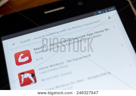 Ryazan, Russia - July 03, 2018: Manfit - Bodybuilding Exercices Mobile App On The Display Of Tablet 