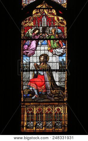 ZAGREB, CROATIA - JANUARY 20: Saint Ladislaus, stained glass in Zagreb cathedral dedicated to the Assumption of Mary in Zagreb on January 20, 2014.