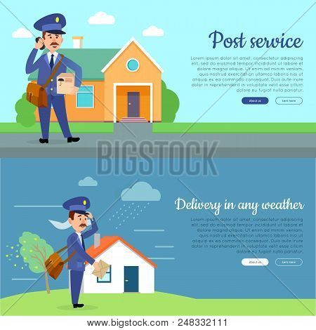 Post Service Web Banners Set With Cartoon Postman. Postal Couriers Delivers Letter And Parcel In Sub