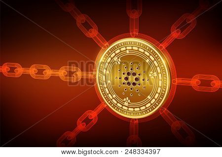 Cardano. Crypto Currency. Block Chain. 3d Isometric Physical Cardano Coin With Wireframe Chain. Bloc