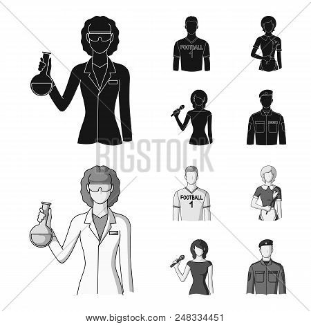 Woman Chemist, Football Player, Hotel Maid, Singer, Presenter.profession Set Collection Icons In Bla