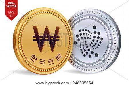 Iota. Won. 3d Isometric Physical Coins. Digital Currency. Korea Won Coin. Cryptocurrency. Golden And