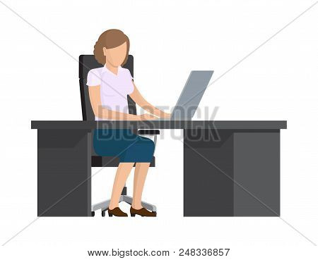 Cute Lady Working With Computer, Colorful Banner Isolated On White Background, Business Woman In Shi