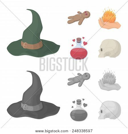 A Voodoo Doll, A Magical Fire, A Love Potion, A Skull.black And White Magic Set Collection Icons In 
