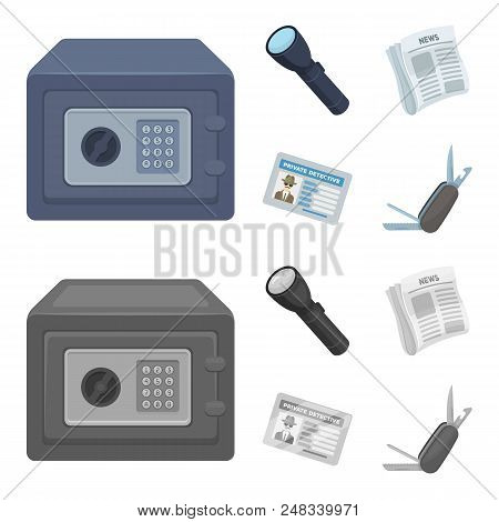 Flashlight, Newspaper With News, Certificate, Folding Knife.detective Set Collection Icons In Cartoo