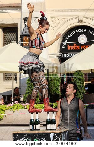 Cracow, Poland - July 5, 2018: Performance Of The Happy Hour Show Performed By Duo Looky From Israel